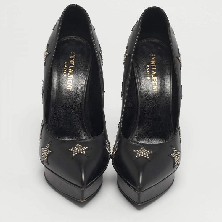 مملوكة مسبقًا Saint Laurent Paris Janis Size 37.5 Black Leather Studded  Pumps