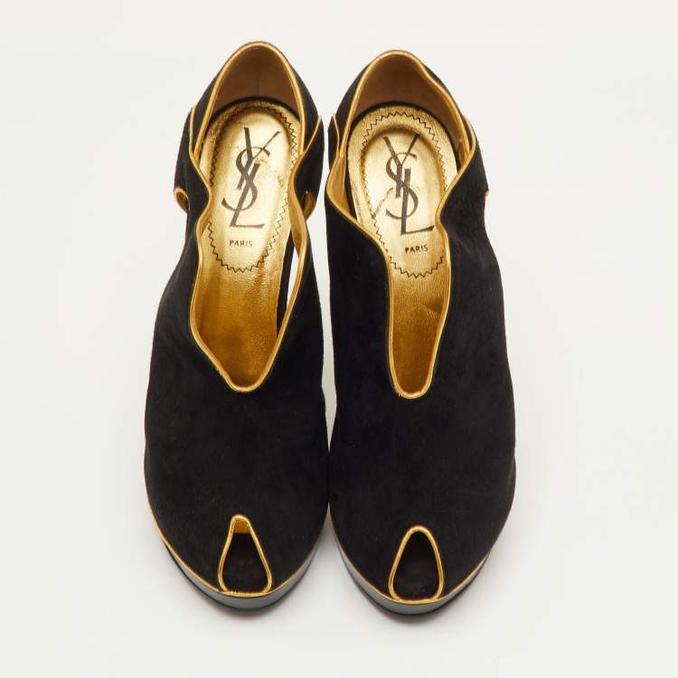 مملوكة مسبقًا Yves Saint Laurent Size 36 Black/Gold Cut-Out Suede Peep Toe Platform Wedge Pumps 