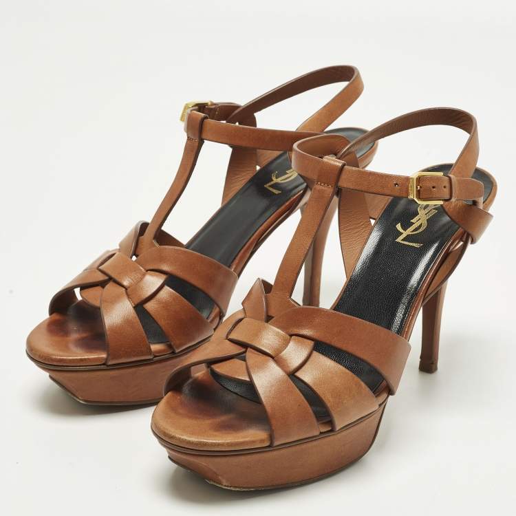 Pre Owned Saint Laurent Tribute Size 39 Brown Leather Ankle Strap Sandals