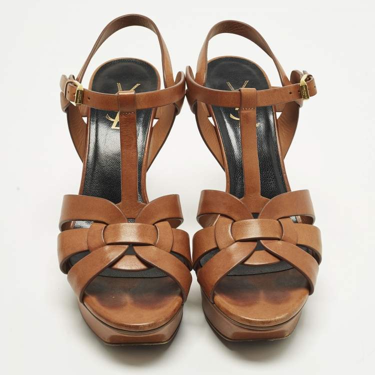 Pre Owned Saint Laurent Tribute Size 39 Brown Leather Ankle Strap Sandals