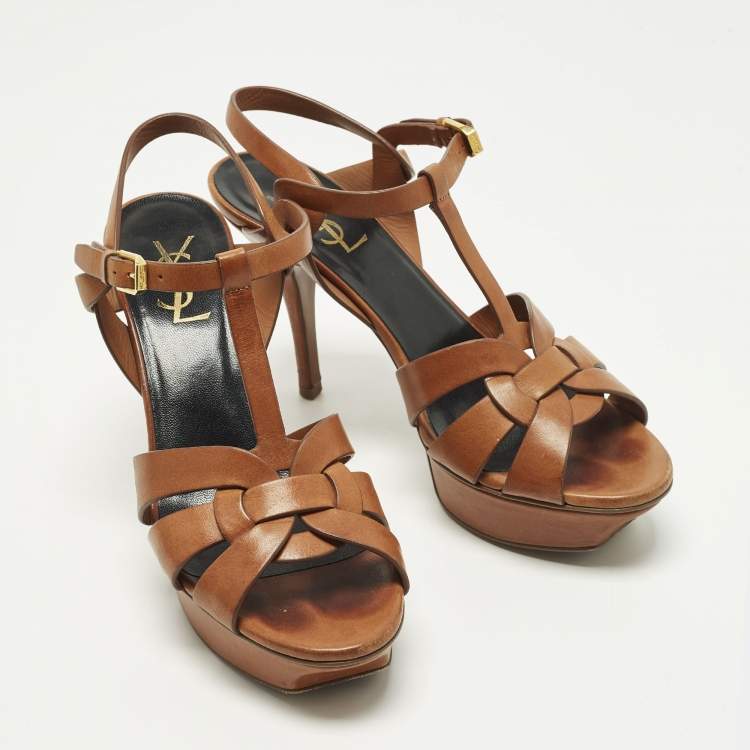 Pre Owned Saint Laurent Tribute Size 39 Brown Leather Ankle Strap Sandals