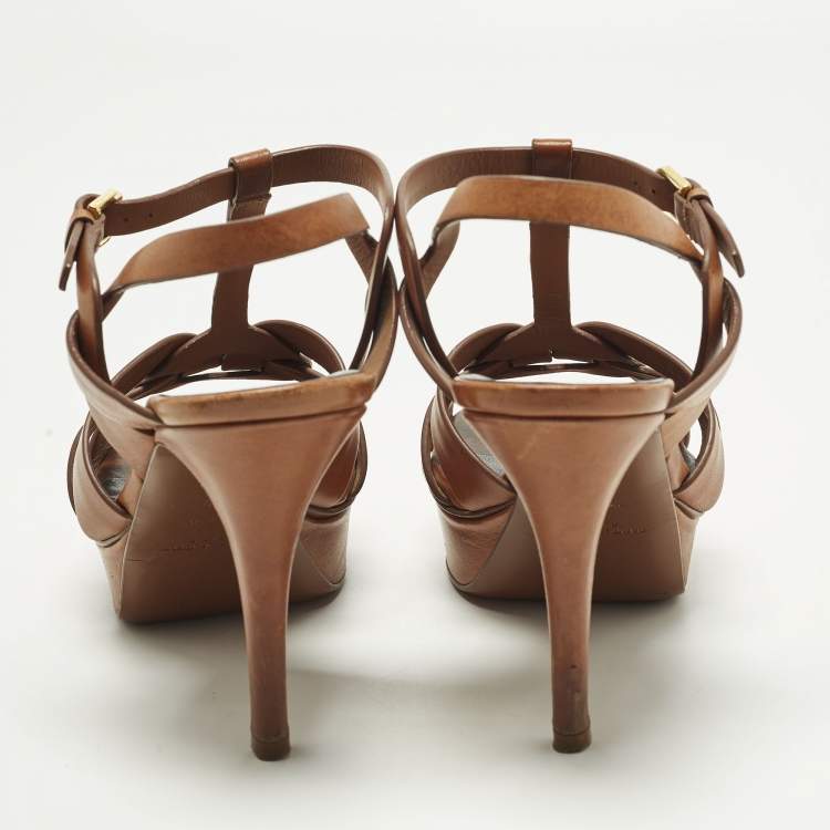 Pre Owned Saint Laurent Tribute Size 39 Brown Leather Ankle Strap Sandals