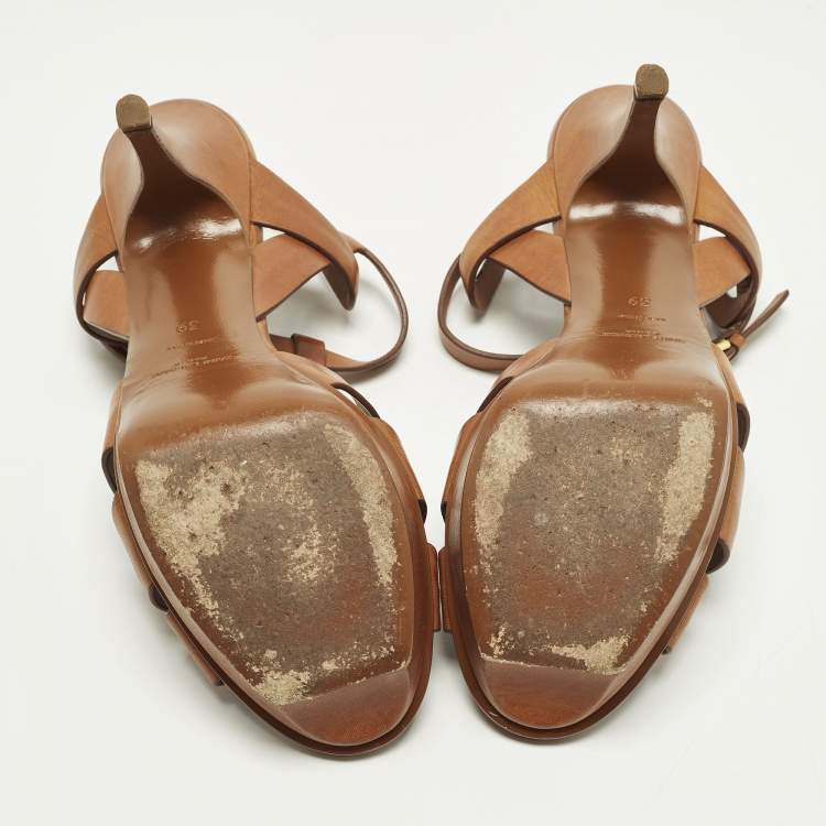 Pre Owned Saint Laurent Tribute Size 39 Brown Leather Ankle Strap Sandals