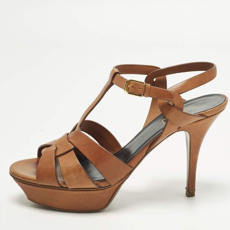Pre Owned Saint Laurent Tribute Size 39 Brown Leather Ankle Strap Sandals
