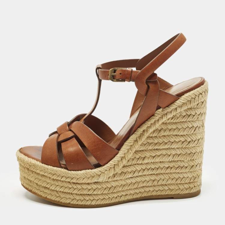 Pre Owned Saint Laurent Tribute Size 37.5 Brown Leather Wedge Sandals