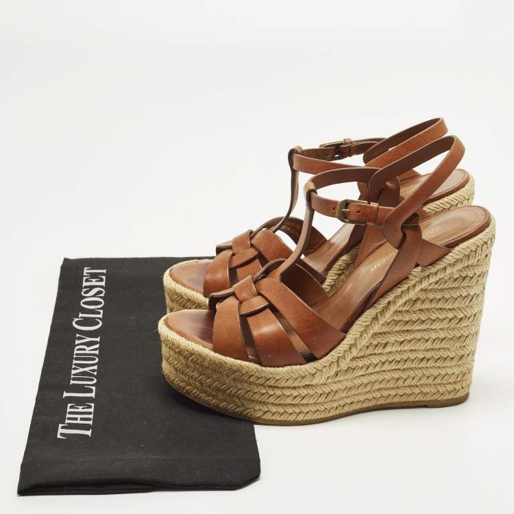 Pre Owned Saint Laurent Tribute Size 37.5 Brown Leather Wedge Sandals