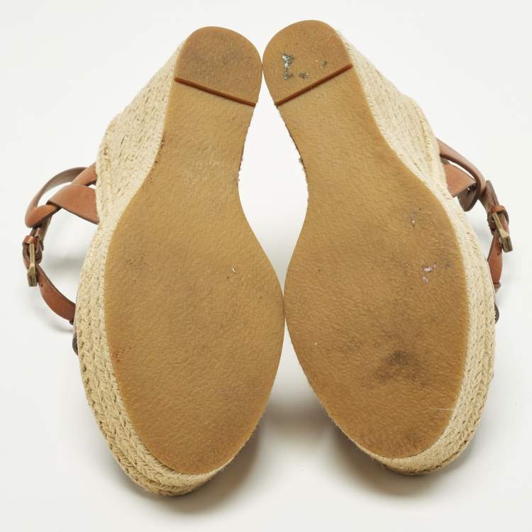 Pre Owned Saint Laurent Tribute Size 37.5 Brown Leather Wedge Sandals