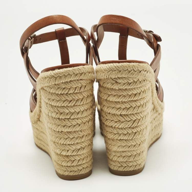 Pre Owned Saint Laurent Tribute Size 37.5 Brown Leather Wedge Sandals