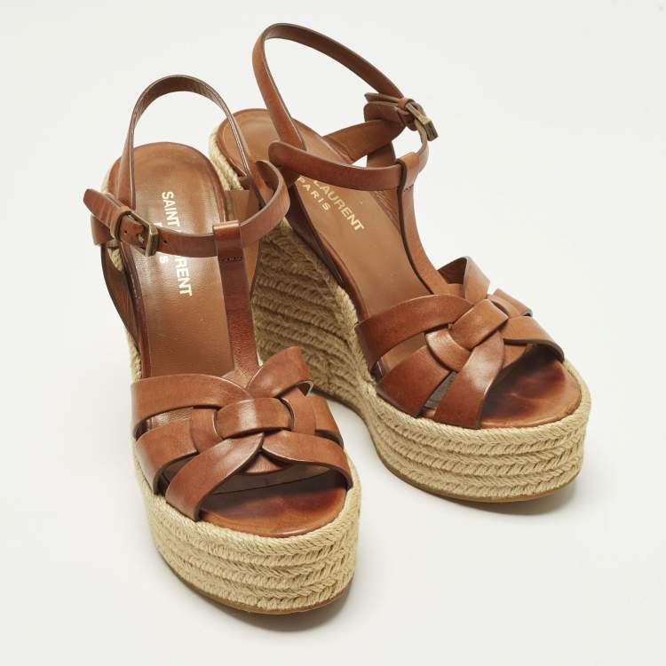 Pre Owned Saint Laurent Tribute Size 37.5 Brown Leather Wedge Sandals