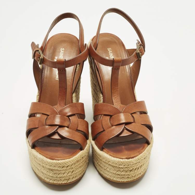 Pre Owned Saint Laurent Tribute Size 37.5 Brown Leather Wedge Sandals