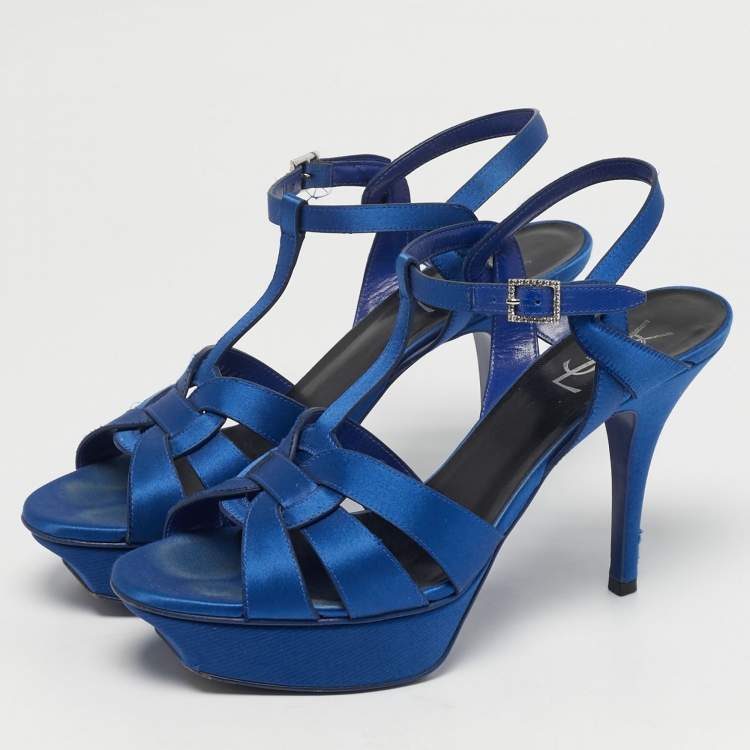Pre Owned Saint Laurent Tribute Size 39 Blue Satin Platform Sandals