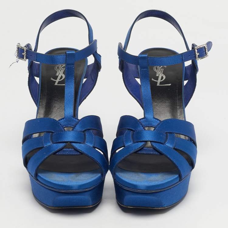 Pre Owned Saint Laurent Tribute Size 39 Blue Satin Platform Sandals
