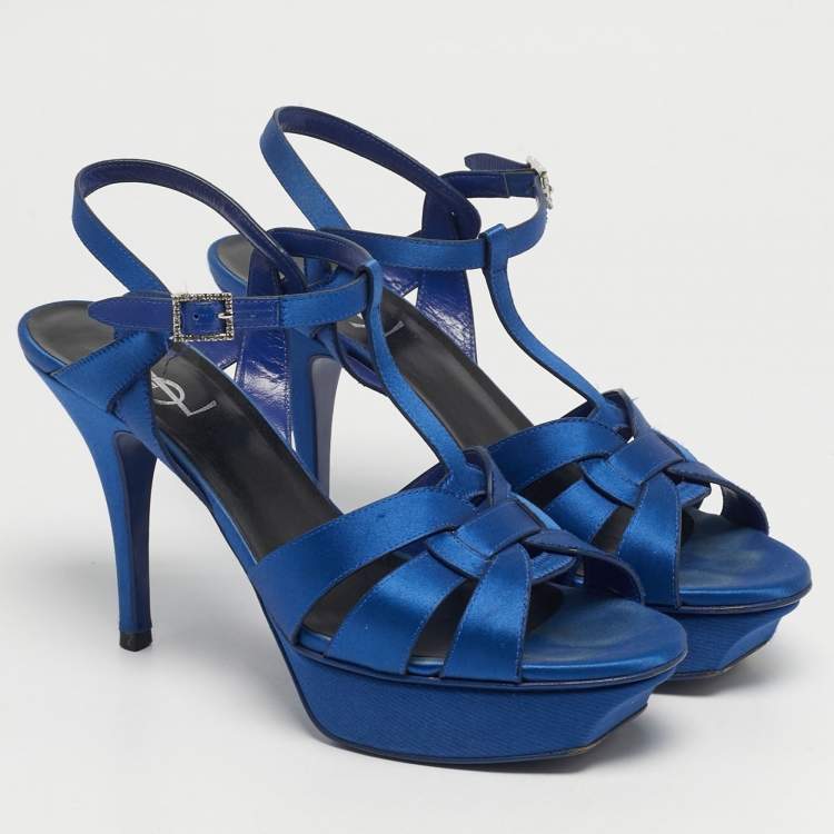 Pre Owned Saint Laurent Tribute Size 39 Blue Satin Platform Sandals