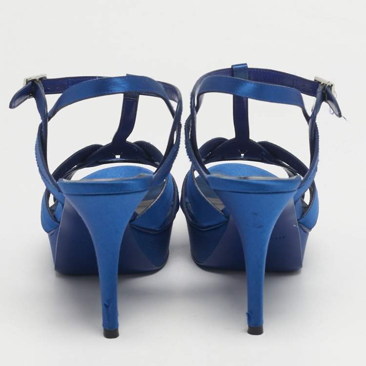 Pre Owned Saint Laurent Tribute Size 39 Blue Satin Platform Sandals