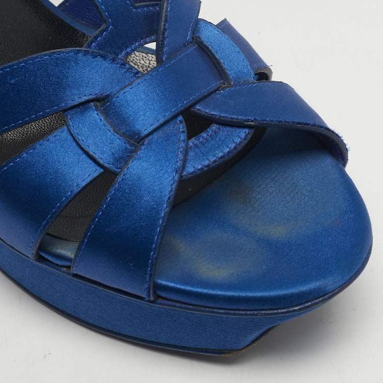 Pre Owned Saint Laurent Tribute Size 39 Blue Satin Platform Sandals