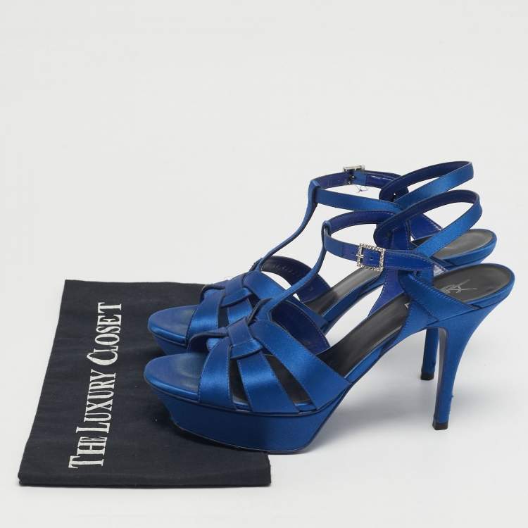 Pre Owned Saint Laurent Tribute Size 39 Blue Satin Platform Sandals