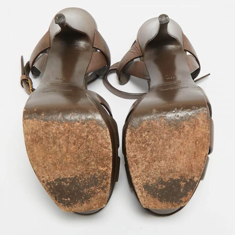 Pre Owned Saint Laurent Paris Tribute Size 37.5 Dark Brown Leather Platform Sandals