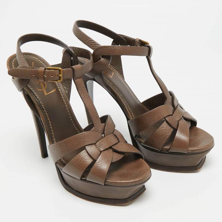 Pre Owned Saint Laurent Paris Tribute Size 37.5 Dark Brown Leather Platform Sandals