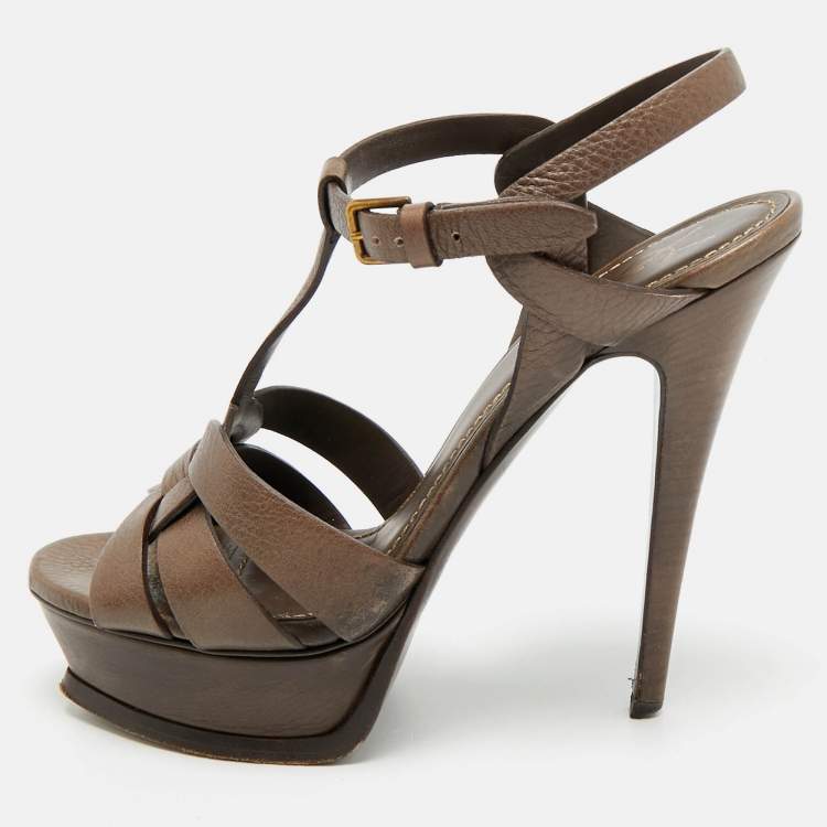 Pre Owned Saint Laurent Paris Tribute Size 37.5 Dark Brown Leather Platform Sandals