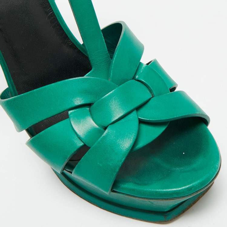 Pre Owned Saint Laurent Tribute Size 39 Green Leather Platform Sandals