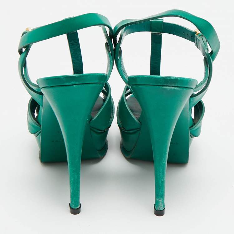 Pre Owned Saint Laurent Tribute Size 39 Green Leather Platform Sandals