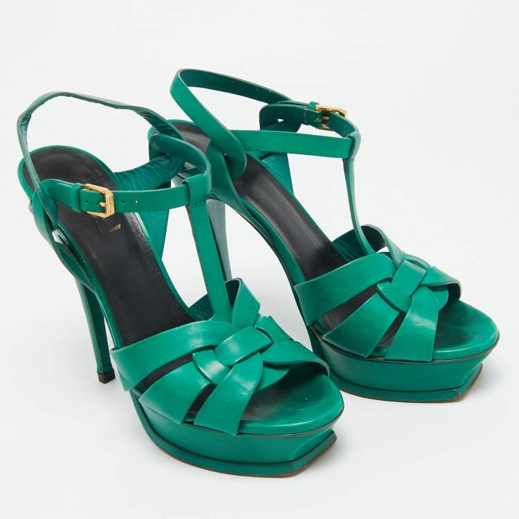 Pre Owned Saint Laurent Tribute Size 39 Green Leather Platform Sandals