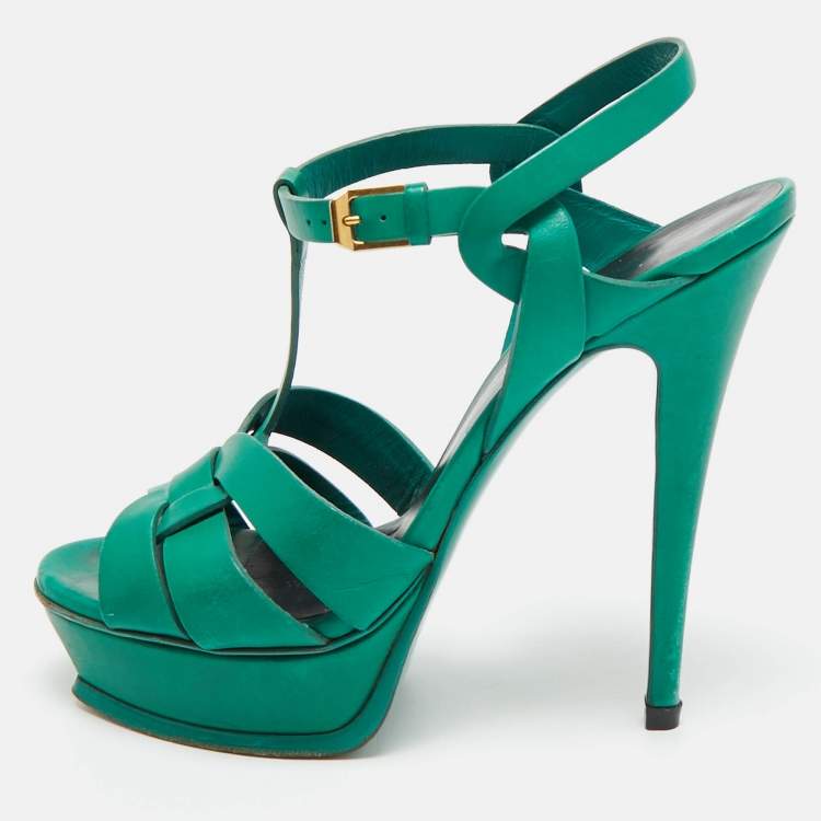 Pre Owned Saint Laurent Tribute Size 39 Green Leather Platform Sandals