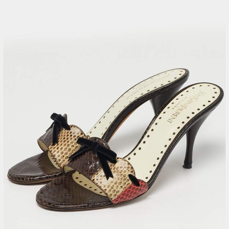 مملوكة مسبقًا Saint Laurent Size 38.5 Multicolor Snakeskin Leather Bow Slide Sandals