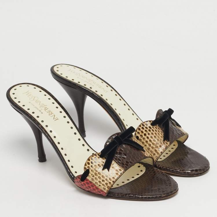 مملوكة مسبقًا Saint Laurent Size 38.5 Multicolor Snakeskin Leather Bow Slide Sandals