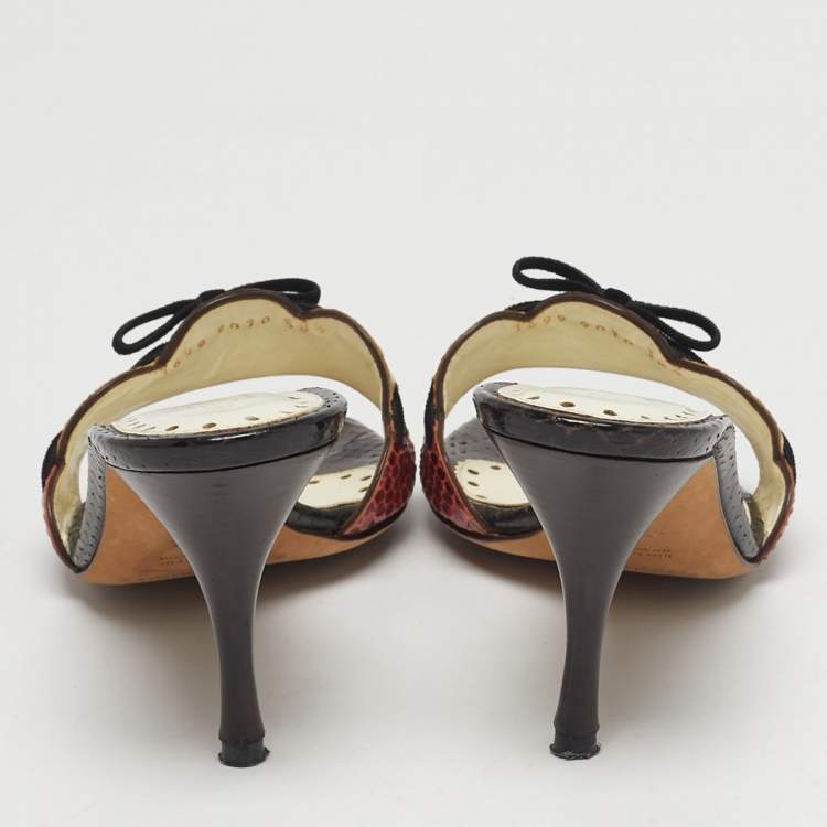 مملوكة مسبقًا Saint Laurent Size 38.5 Multicolor Snakeskin Leather Bow Slide Sandals