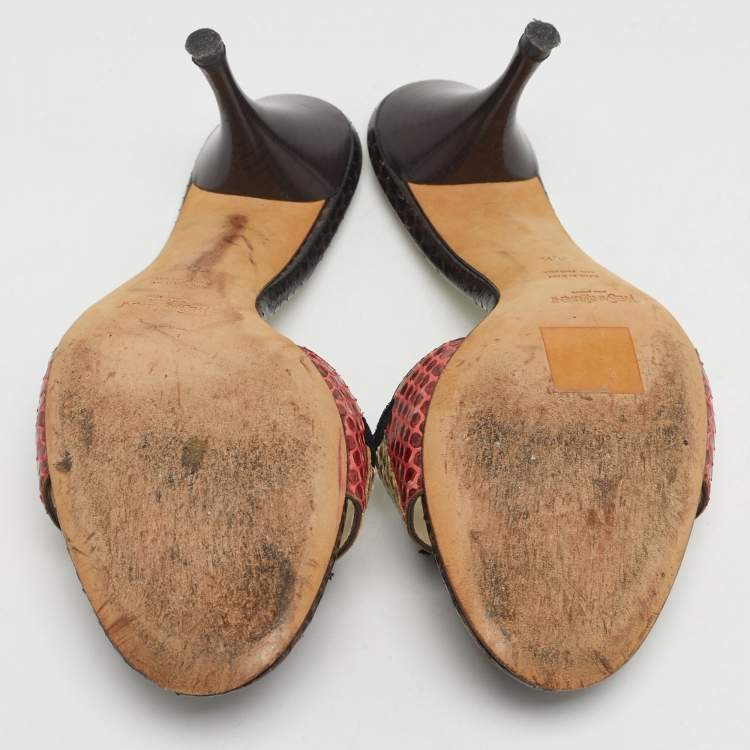 مملوكة مسبقًا Saint Laurent Size 38.5 Multicolor Snakeskin Leather Bow Slide Sandals