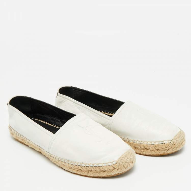 Pre Owned Saint Laurent Cassandre Size 38.5 White Leather Espadrille Flats