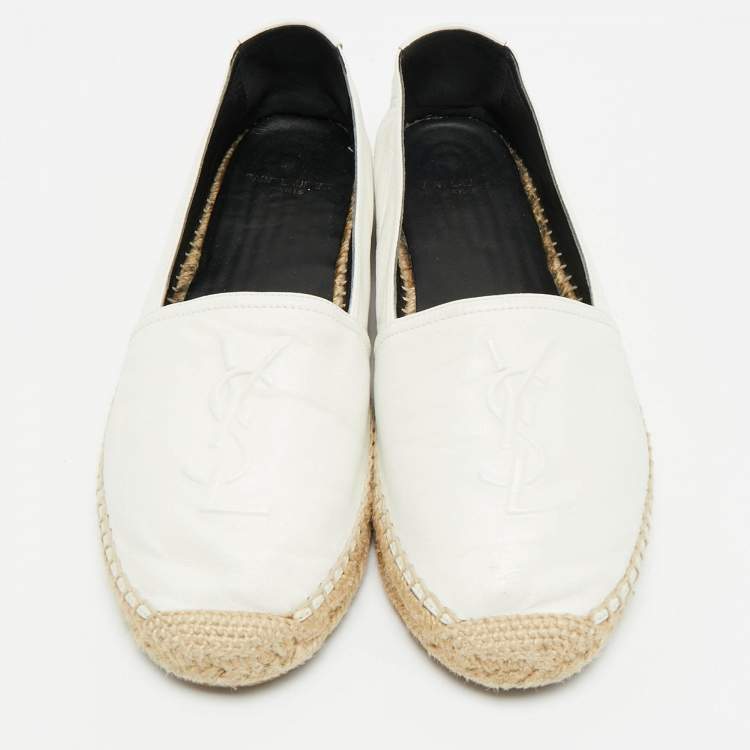 Pre Owned Saint Laurent Cassandre Size 38.5 White Leather Espadrille Flats