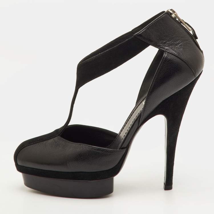 Pre Owned Saint Laurent Easy Y Size 38 Black Leather and Suede Platform Pumps