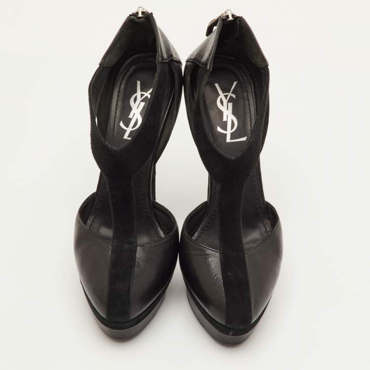 Pre Owned Saint Laurent Easy Y Size 38 Black Leather and Suede Platform Pumps