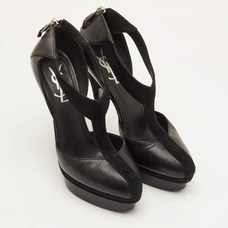 Pre Owned Saint Laurent Easy Y Size 38 Black Leather and Suede Platform Pumps