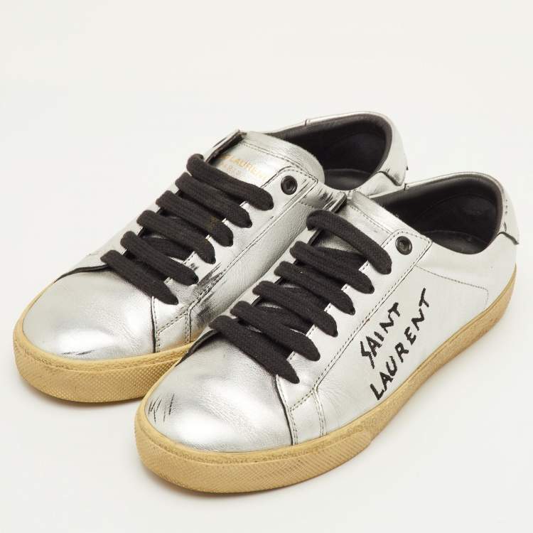 Pre Owned Saint Laurent Court Classic Size 36.5 Silver Leather Low Top Sneakers