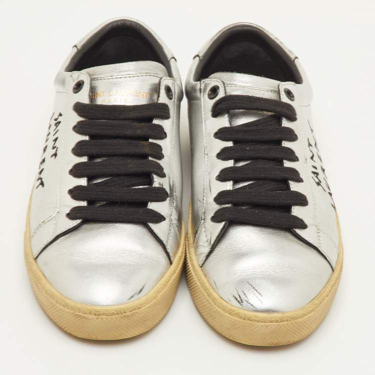 Pre Owned Saint Laurent Court Classic Size 36.5 Silver Leather Low Top Sneakers