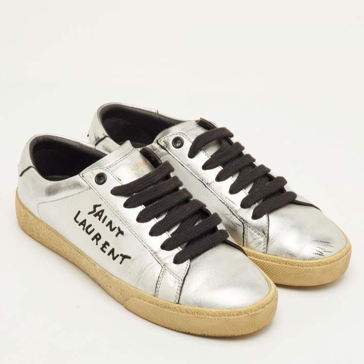 Pre Owned Saint Laurent Court Classic Size 36.5 Silver Leather Low Top Sneakers