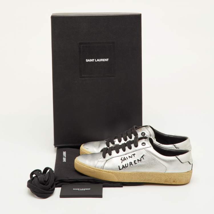 Pre Owned Saint Laurent Court Classic Size 36.5 Silver Leather Low Top Sneakers