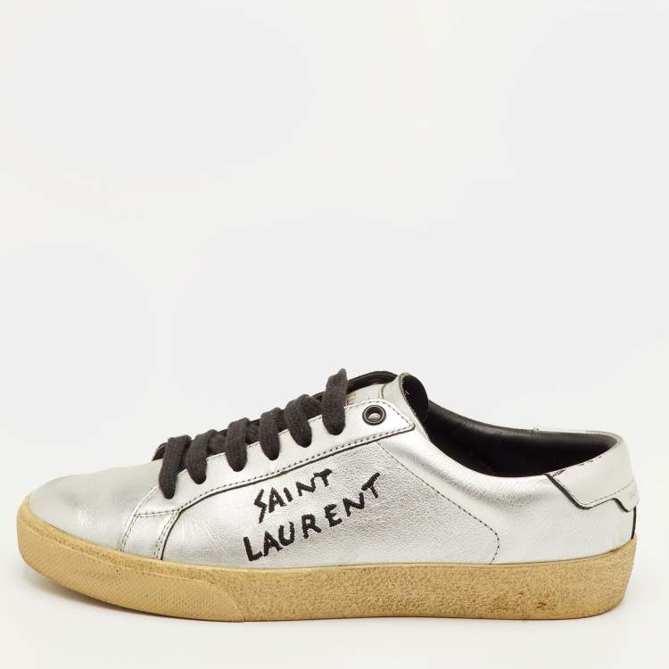 Pre Owned Saint Laurent Court Classic Size 36.5 Silver Leather Low Top Sneakers
