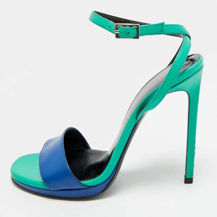 مملوكة مسبقًا Saint Laurent Jane Size 37 Green/Blue Leather Ankle Strap Sandals