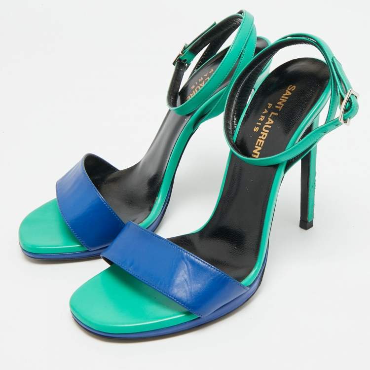 مملوكة مسبقًا Saint Laurent Jane Size 37 Green/Blue Leather Ankle Strap Sandals