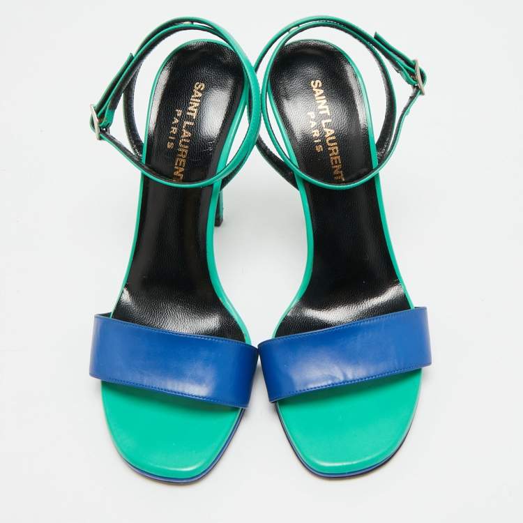 مملوكة مسبقًا Saint Laurent Jane Size 37 Green/Blue Leather Ankle Strap Sandals