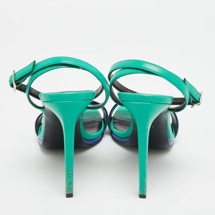 مملوكة مسبقًا Saint Laurent Jane Size 37 Green/Blue Leather Ankle Strap Sandals