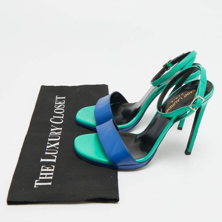 مملوكة مسبقًا Saint Laurent Jane Size 37 Green/Blue Leather Ankle Strap Sandals