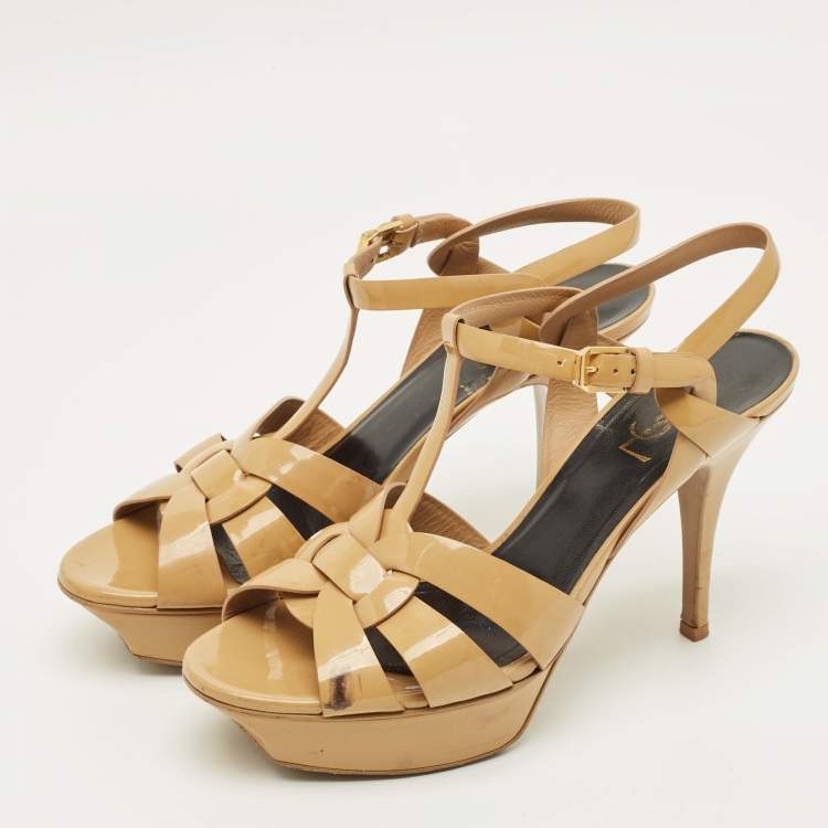 مملوكة مسبقًا Saint Laurent Tribute Size 39 Beige Patent Leather Ankle Strap Sandals