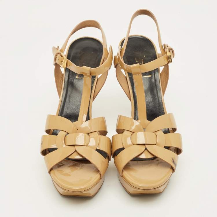 مملوكة مسبقًا Saint Laurent Tribute Size 39 Beige Patent Leather Ankle Strap Sandals