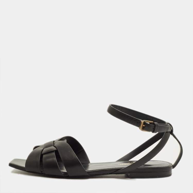 Pre Owned Saint Laurent Tribute Size 38 Black Leather Ankle Strap Flat Sandals