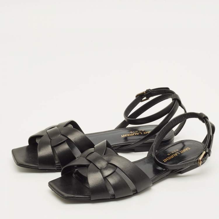 Pre Owned Saint Laurent Tribute Size 38 Black Leather Ankle Strap Flat Sandals